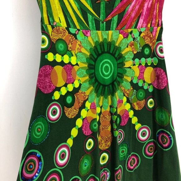 Desigual green multicolor peacock abstract print short sleeve fit flare dress SP - Picture 8 of 16